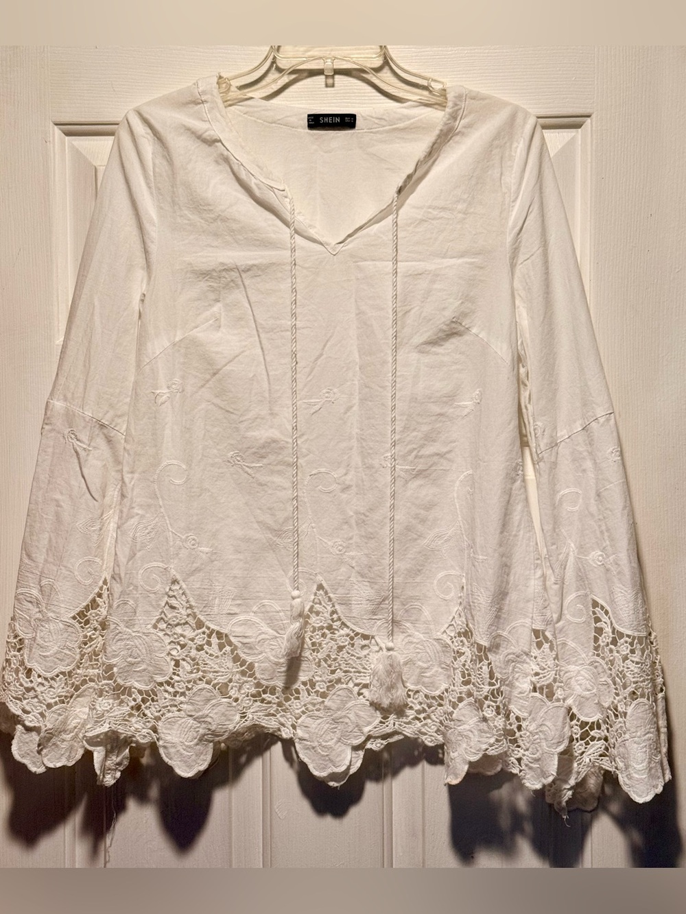 SHEIN White Boho Lace-Hem V-Neck Blouse